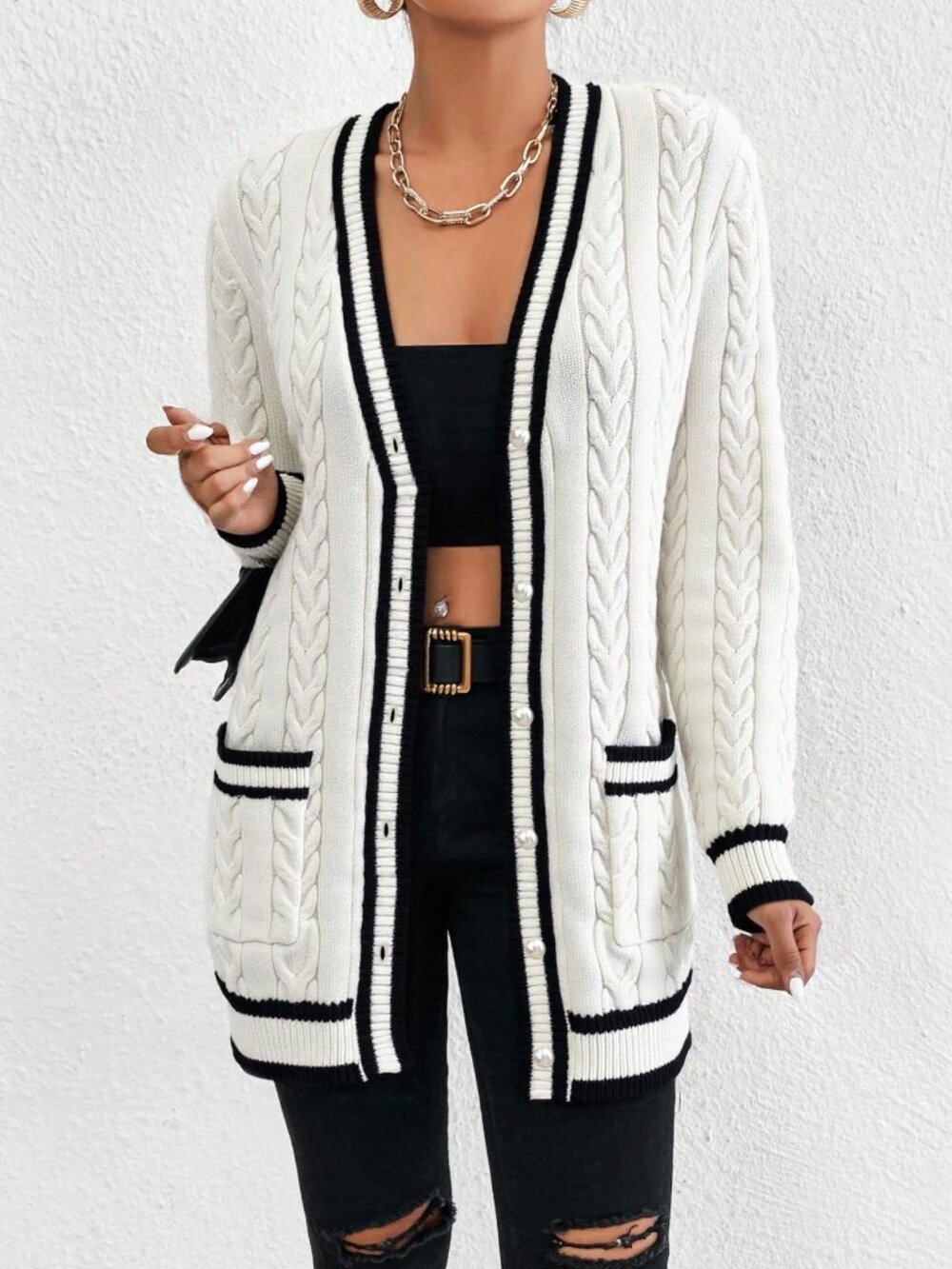 White Casual Women's Colorblock Trim Dual Pocket Cardigan